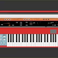 Red Electronic Synthesizer With Black White Keys And Control Knobs