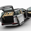 Silver Modern Car with Open Doors Light Colored Seats and Panoramic Sunroof