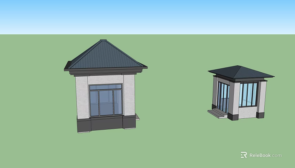 Modern Small Guard Houses With Black Roofs And White Walls Featuring Windows And Doors 3d model 