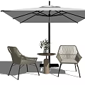 Stylish Outdoor Rattan Table and Chairs Set With Umbrella and Small Plant