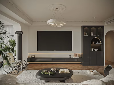 Modern Living Room Interior Design With TV Wall Ceiling Light Plants Sofa And Coffee Table 3d model