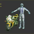 Yellow Racing Motorcycle With Rider In White And Blue Racing Suit Helmet