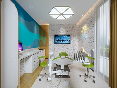 Modern Dental Clinic Interior Design With Colorful Walls Dental Chair And Green Chairs 3d model