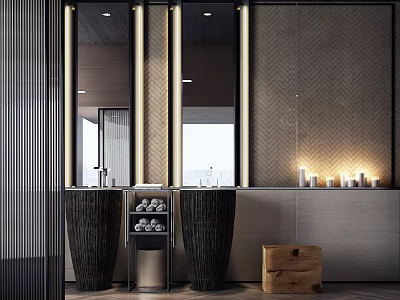 Modern Vanity With Double Washbasin Large Mirror Ambient Lighting Herringbone Wall And Candle Decor 3d model