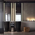 Modern Vanity With Double Washbasin Large Mirror Ambient Lighting Herringbone Wall And Candle Decor