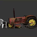 Vintage Red Functional Tractor With Wheelbarrow White Plastic Chair Oil Barrel And Red Toolbox