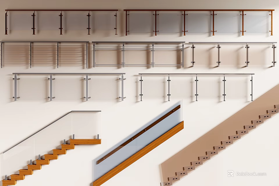 Various Railing Designs With Glass Metal Wooden For Home Staircase Balcony 3d model 