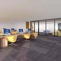 Modern Front Desk Reception Space With Yellow Geometric Walls Blue Chairs Sofa And Colorful Carpet