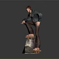 Man in green jacket brown pants standing one foot on rock on hexagonal cracked platform