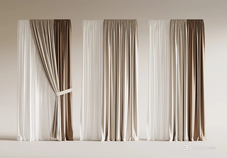 Various Styles of Curtains with Tieback in White and Brown for Home Decor 3d model 