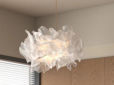 White Petal Ruffled Chandelier With Sheer Fabric Warm Light And Wooden Cabinets 3d model