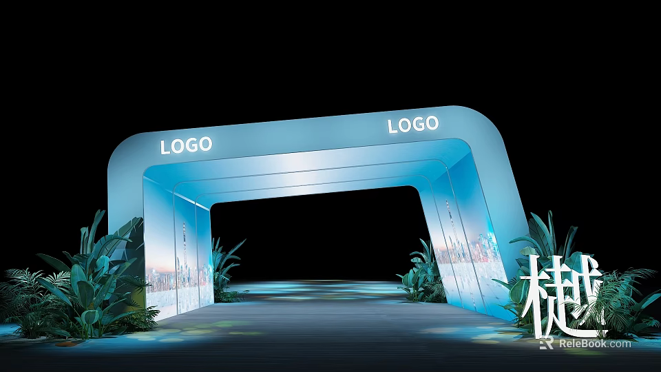 Blue Decorative Event Entrance Arch With Two LOGOs And Green Plants 3d model 