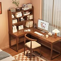 Wooden Desk with Bookshelf Books Photo Frames Computer Table Lamp and Notebook in Bedroom