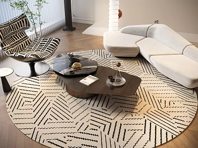 Modern Living Room Light Sofa Coffee Table Set With Wooden Coffee Table Round Geometric Rug 3d model