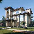 Modern Detached Villa Exterior With Large Glass Windows Balconies Green Lawn And Trees