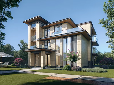 Modern Detached Villa Exterior With Large Glass Windows Balconies Green Lawn And Trees 3d model