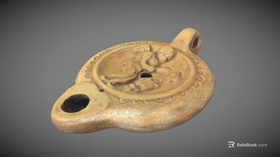 Ancient Clay Ceramic Artifact With Carved Figure And Symmetrical Holes Design 3d model 