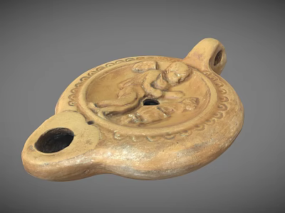 Ancient Clay Ceramic Artifact With Carved Figure And Symmetrical Holes Design 3d model