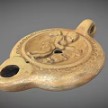 Ancient Clay Ceramic Artifact With Carved Figure And Symmetrical Holes Design