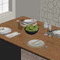 Modern Dinnerware Set With Plates Cutlery Wine Glasses And Green Apples On Wooden Dining Table