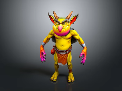3D Fantasy Character Mythical Creature With Vibrant Yellow Orange Pink Colors Horned Standing Pose 3d model