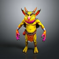 3D Fantasy Character Mythical Creature With Vibrant Yellow Orange Pink Colors Horned Standing Pose