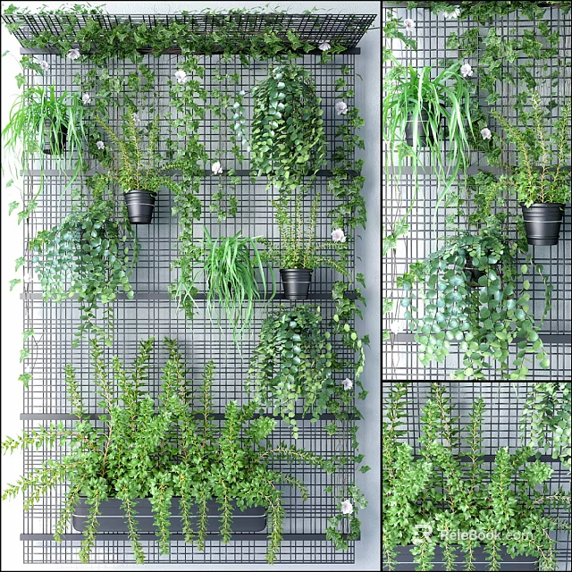 Lush Green Plants Decorating Grid Wall For Indoor Greenery 3d model 
