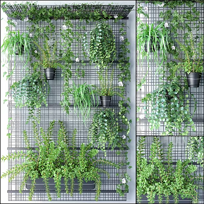 Lush Green Plants Decorating Grid Wall For Indoor Greenery 3d model