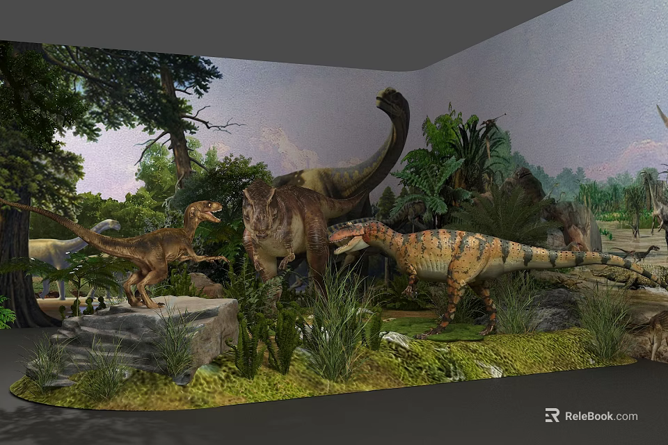 Prehistoric Reptile Dinosaur Models in Natural Habitat With Green Plants And Rocks 3d model 