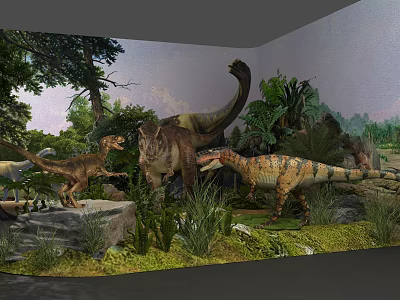 Prehistoric Reptile Dinosaur Models in Natural Habitat With Green Plants And Rocks 3d model