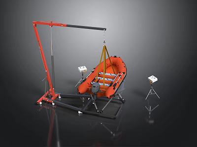 Orange Inflatable Lifeboat With Red Mechanical Hoist And White Control Units 3d model