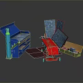Colorful Household Items Including Blue Bed Red Trolley And Green Storage Box