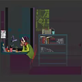 Game and Movie Character Working at Desk in Colorful Workspace with Books Computer and Stationery