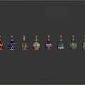 Colorful Decorative Bottles Collection With Various Designs Arranged In Arc On Gray Background