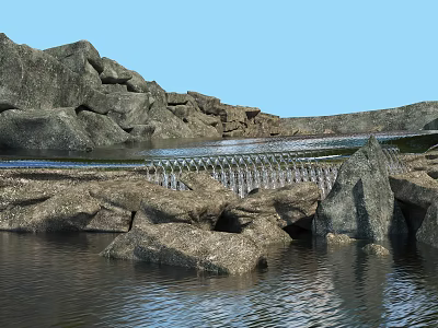 Stone and Wood Scenic Landscape with Natural Rocks and Wooden Elements by Water Stream 3d model