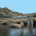 Stone and Wood Scenic Landscape with Natural Rocks and Wooden Elements by Water Stream