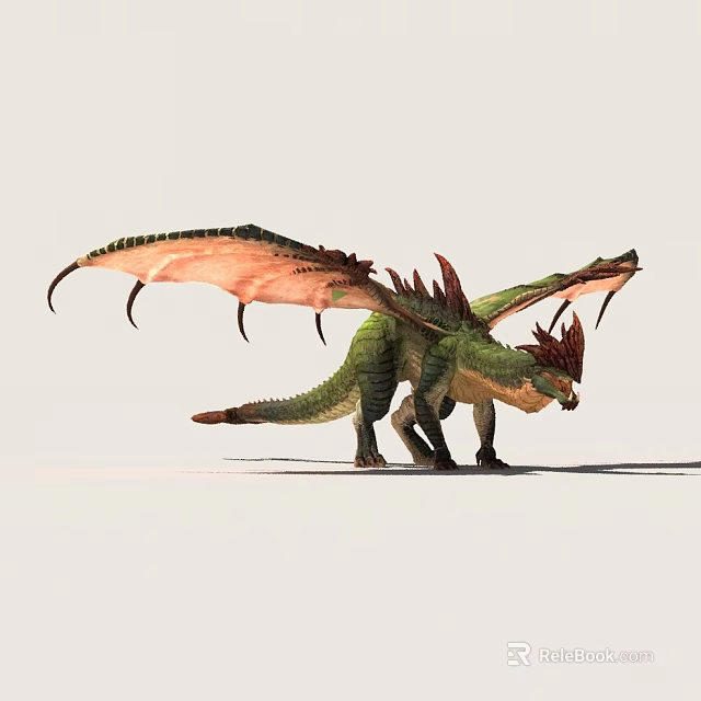 Mythical Dragon 3D Model With Green Body Red Horns Pink Brown Wings Standing Pose 3d model 