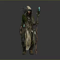 Traditional Tribal Character Wearing Feather Headdress And Glowing Staff With Mossy Attire