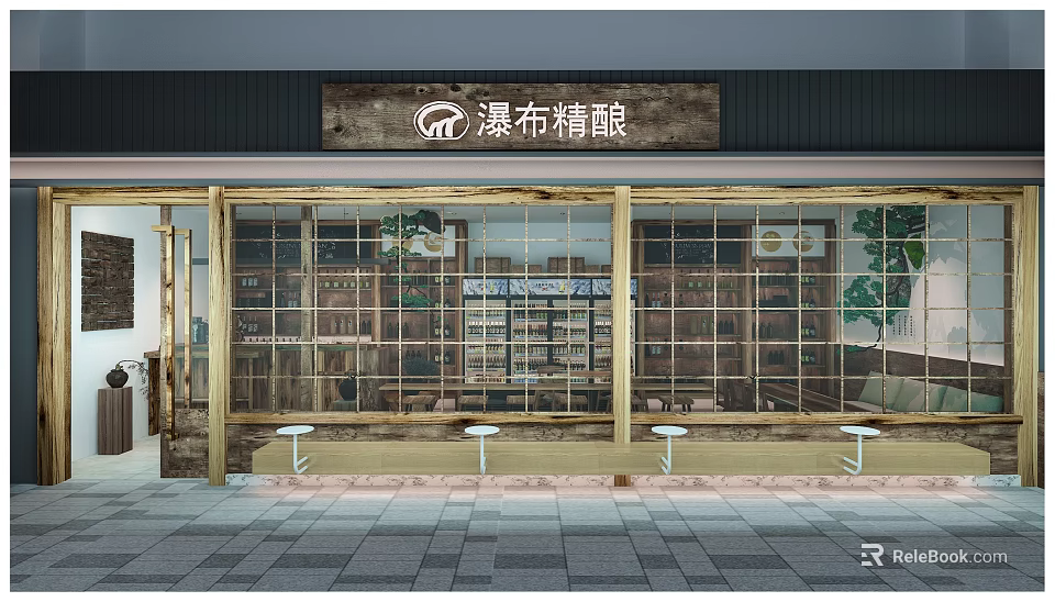 Waterfall Craft Beer Bar Exterior With Wooden Sign Large Glass Windows And Outdoor Stools 3d model 