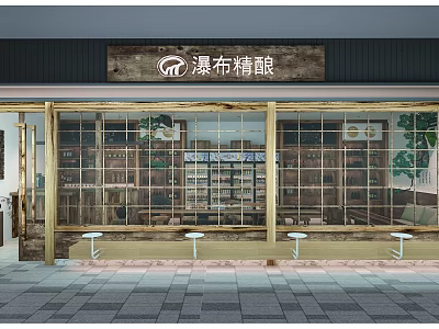 Waterfall Craft Beer Bar Exterior With Wooden Sign Large Glass Windows And Outdoor Stools 3d model