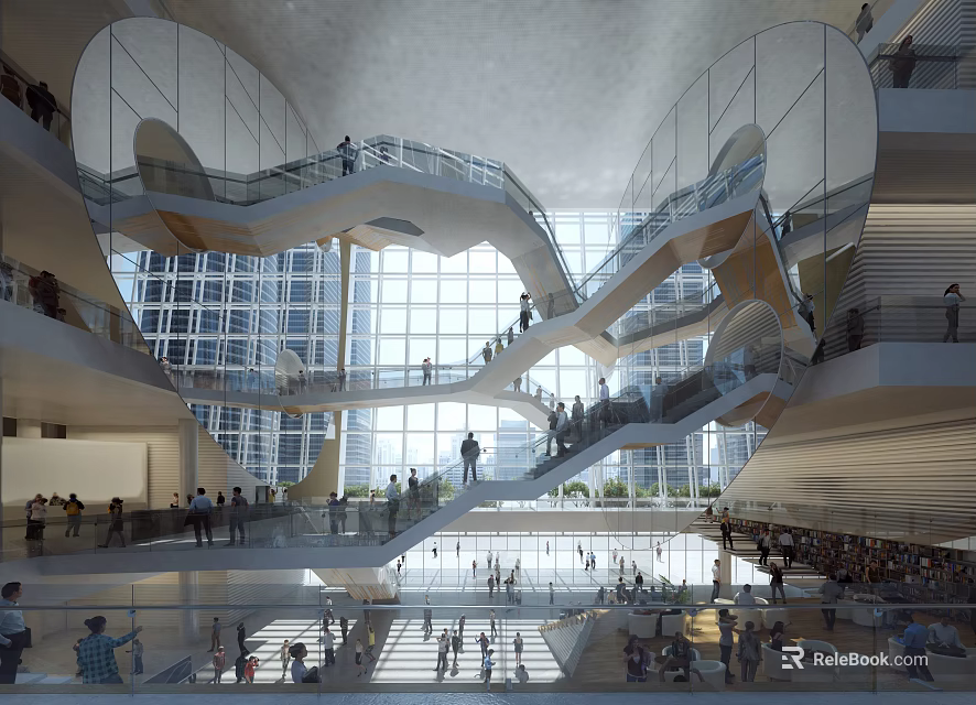 Contemporary Office Hallway Interior With Multi Level Design Glass Walls And Staircases 3d model 