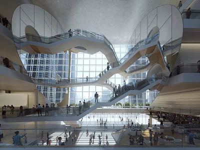 Contemporary Office Hallway Interior With Multi Level Design Glass Walls And Staircases 3d model