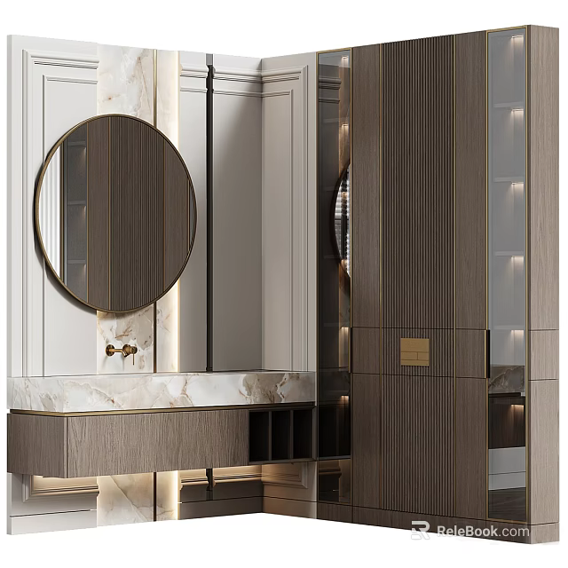 Modern Bathroom Cabinet With Round Mirror Marble Countertop And Ambient Lighting 3d model 