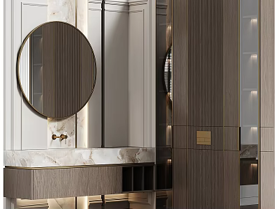 Modern Bathroom Cabinet With Round Mirror Marble Countertop And Ambient Lighting 3d model