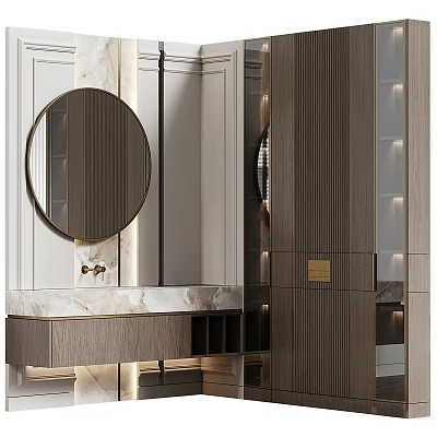 Modern Bathroom Cabinet With Round Mirror Marble Countertop And Ambient Lighting 3d model