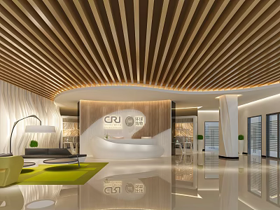 Modern Shop Reception Area Featuring Curved Desk Wooden Slat Ceiling Green Carpet Sofa And Plants 3d model