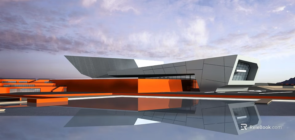 Modern Museum Building With Geometric Design Orange Facade And Water Reflection In Cloudy Sky 3d model 