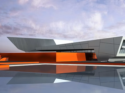 Modern Museum Building With Geometric Design Orange Facade And Water Reflection In Cloudy Sky 3d model
