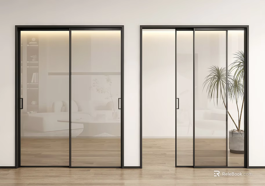 Modern Black Frame Glass Sliding Doors for Home Interior with Wooden Floor and Green Plant 3d model 