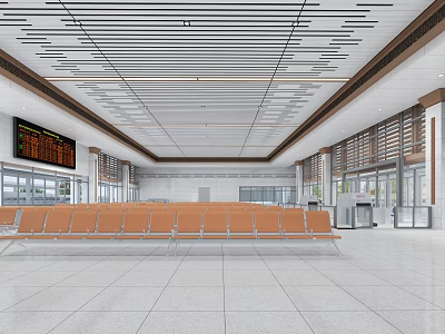 Modern Station Waiting Area Interior With Orange Seats Digital Display And Striped Ceiling Design 3d model